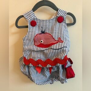 Lil Cactus Vintage Inspired Seersucker Blue Gingham Red Whale Baby Set (3-6 mos)